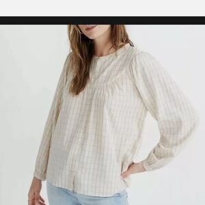 Madewell Windowpane Peasant Balloon Sleeve Top Size Large